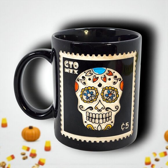 Carved Sugar Skull Mug Día de los Muertos Halloween Coffee Cup Black Ceramic - Picture 1 of 8